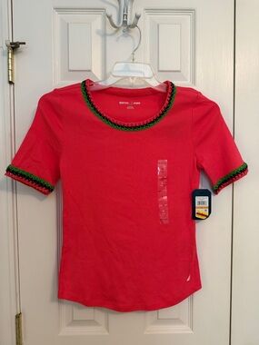 Nautica Pink Short Sleeve Knit Top with Green & Navy embroidered trim S NWT